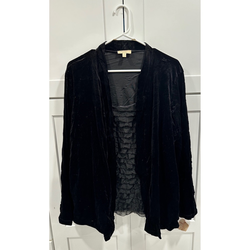 Choices Woman Black Velvet Ruffle Front Open Cardigan 2fer Plus Size‎ 3X